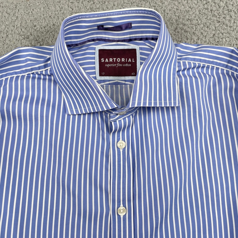 Sartorial Button Down Shirt Mens 17 Blue White Stripe Fine Cotton Long Sleeve